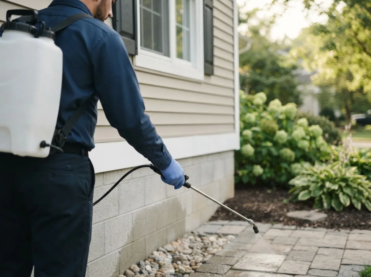 Pest control technician inspecting a home in Pomona, MO